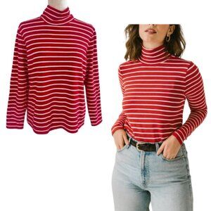 LANDS END Striped Red White Knit Turtleneck Size L